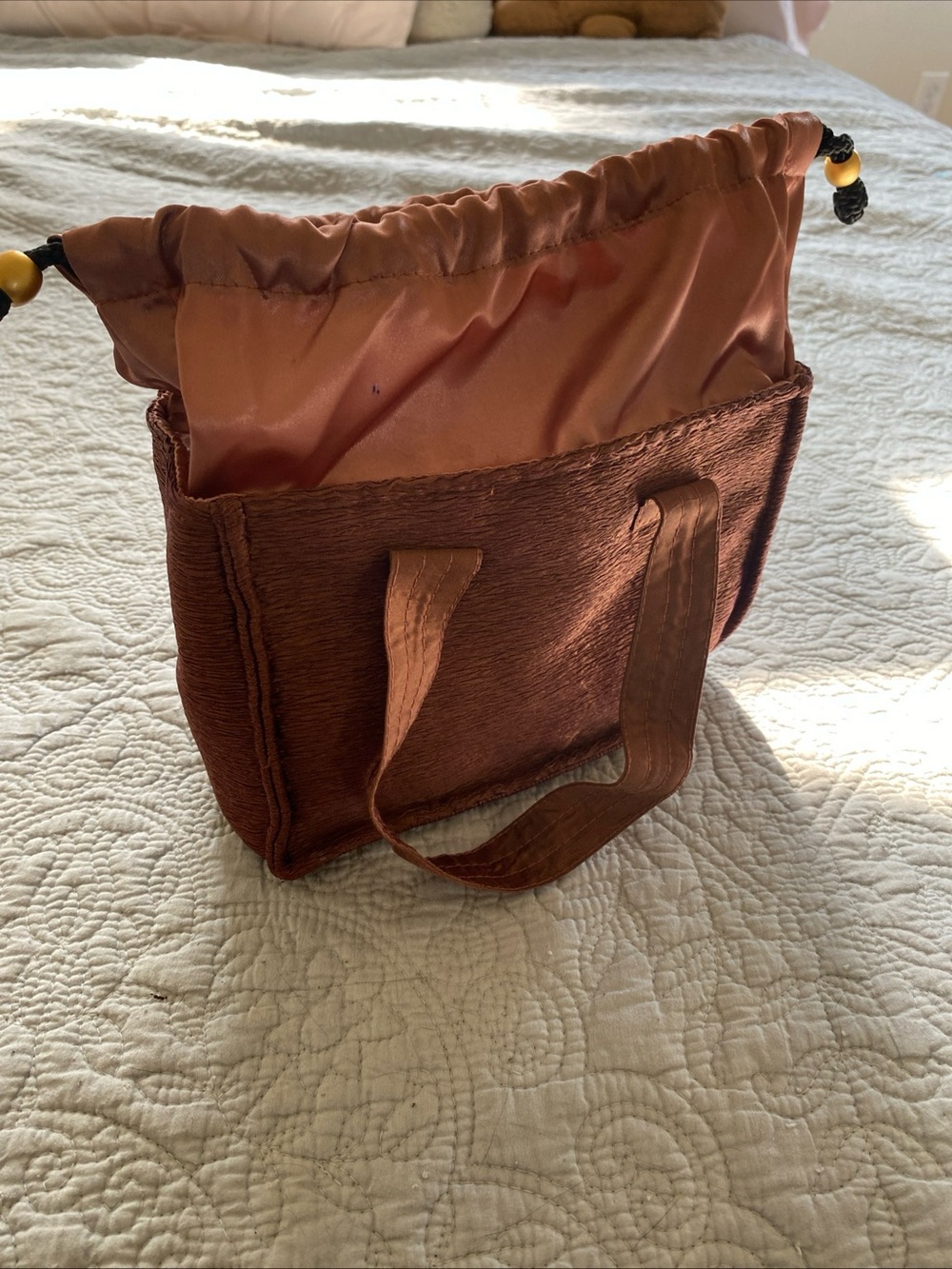 Jim Thompson Silk Mini Tote in Iridescent Rust Brown/ Deep Blush Pink Drawstring - Picture 12 of 16